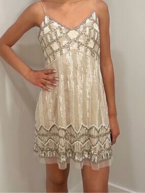 Aidan Mattox Vintage Cream and Silver Sequin and beaded Mini Slip Dress